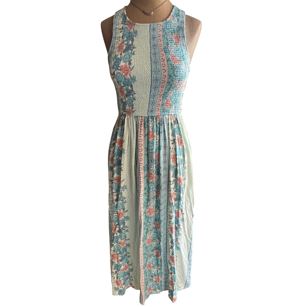 Matilda Jane Floral Patchwork Smocked Midi Dress Blue Pink S Tback boho cottage - Picture 3 of 13